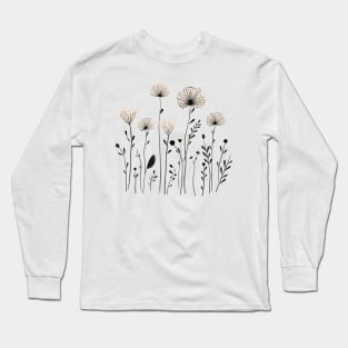 Nordic wild flowers one Line art cream colour Long Sleeve T-Shirt